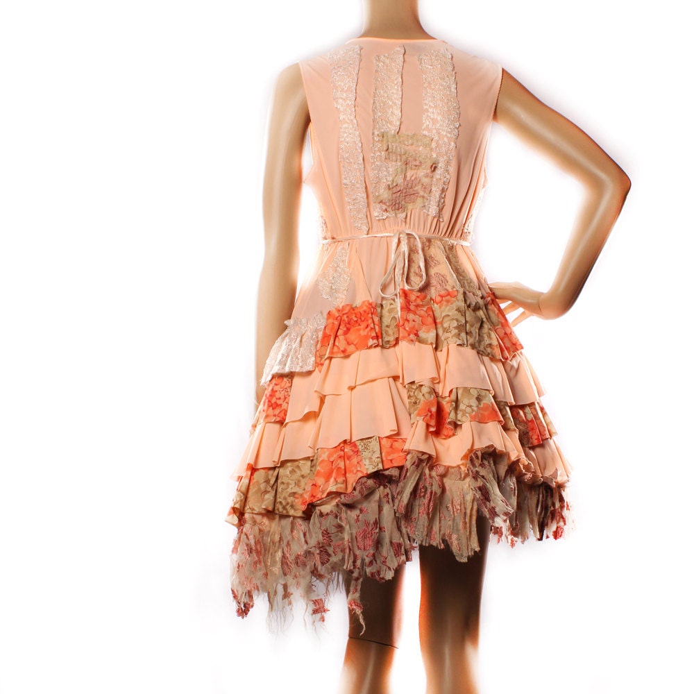 Tea Party Sundress in tangerine vintage fabrics Upcycle patchwork dress Ruffles Flower Child Costume Gothic Lolita Showgirl tattered