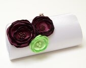 White Bridesmaid Clutch Bridal Clutch - Eggplant & Apple Lime Green Flower Blooms - Kisslock Snap Bouquet Clutch