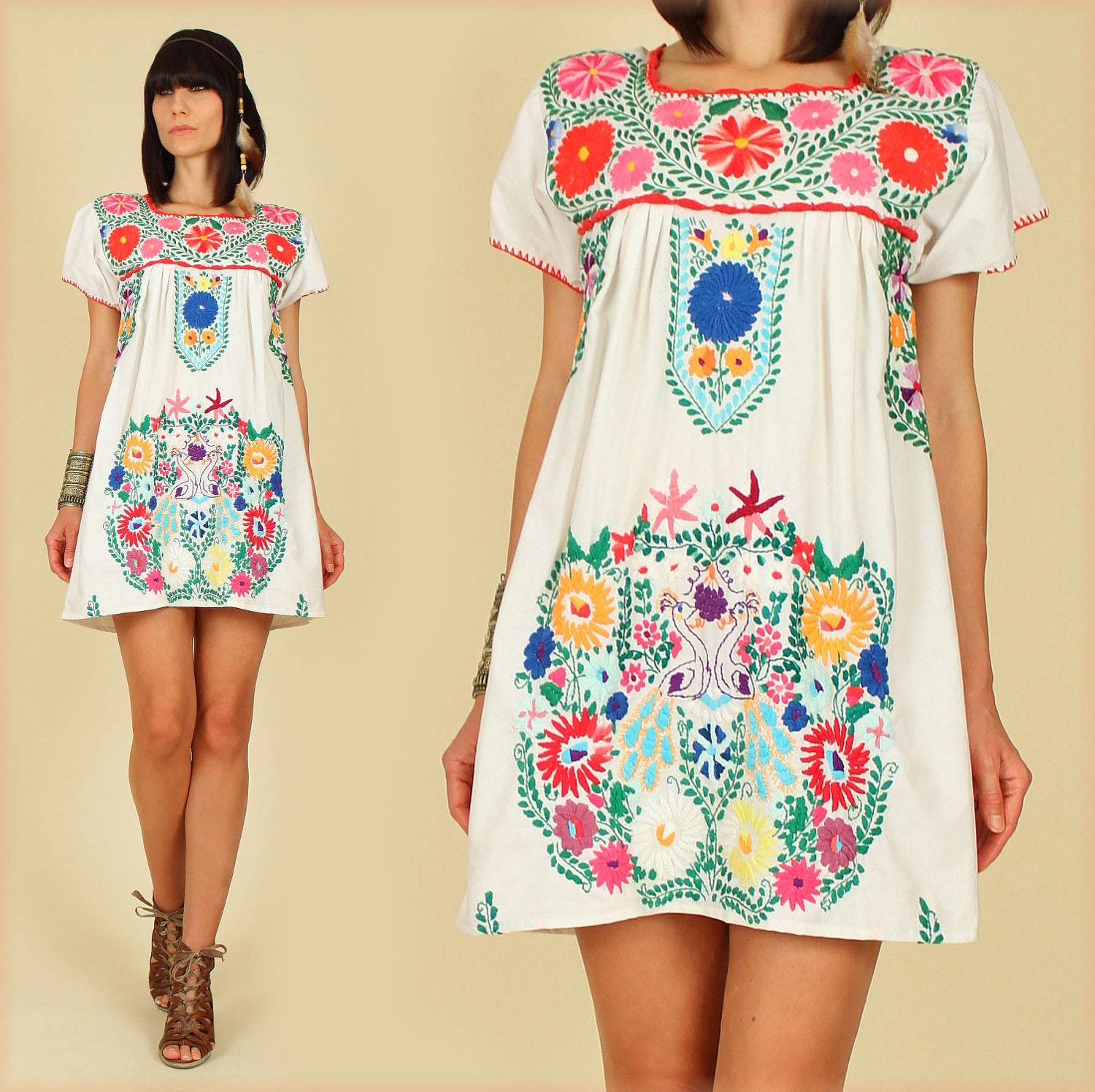 ViNtAgE 70's White PEACOCK Mexican Hand Embroidered MiNi Dress Tunic