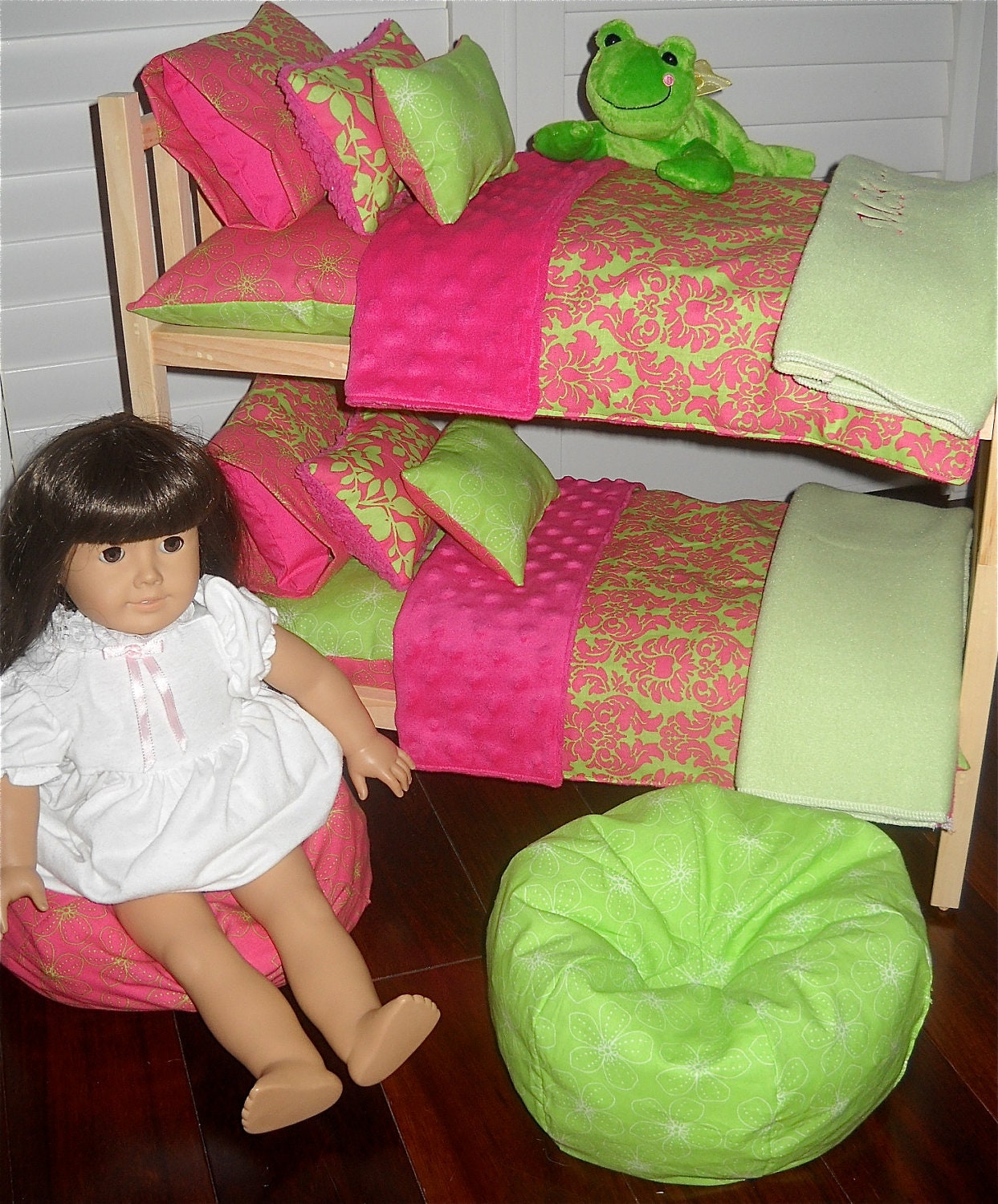 Doll Bunk Bed Separates Dotted Minky Chenille PERSONALIZED Bedding w Bean Bag Chairs for American Girl, Bitty Baby Waldorf Dolls