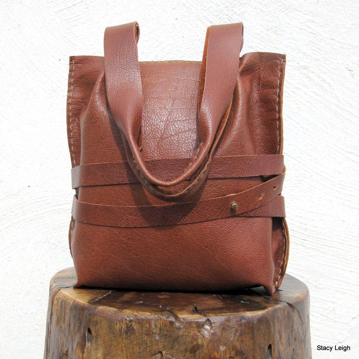 English Saddle Brown Rustic Leather Mini Tote Bag with Wrapped Strap by Stacy Leigh Ready to Ship