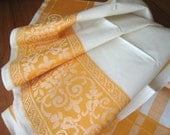 Vintage Linen Towel Circa 1960 Mid Century Yellow Gold Damask on Summer White Linen