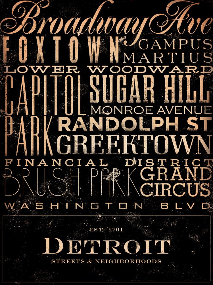 Detroit Michigan neighborhoods typography graphic art on canvas 12 x 16 x 1.5 by stephen fowler