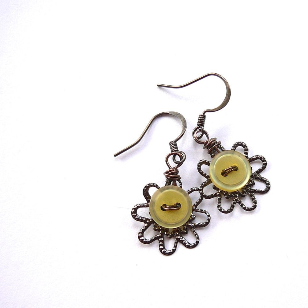 Pale Yellow Vintage Button Earrings  with Gunmetal Filigree