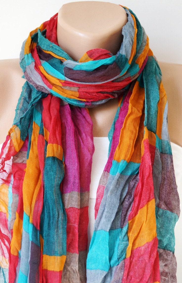 Rainbow Colorful Long Scarf, Shawl with wrinkle