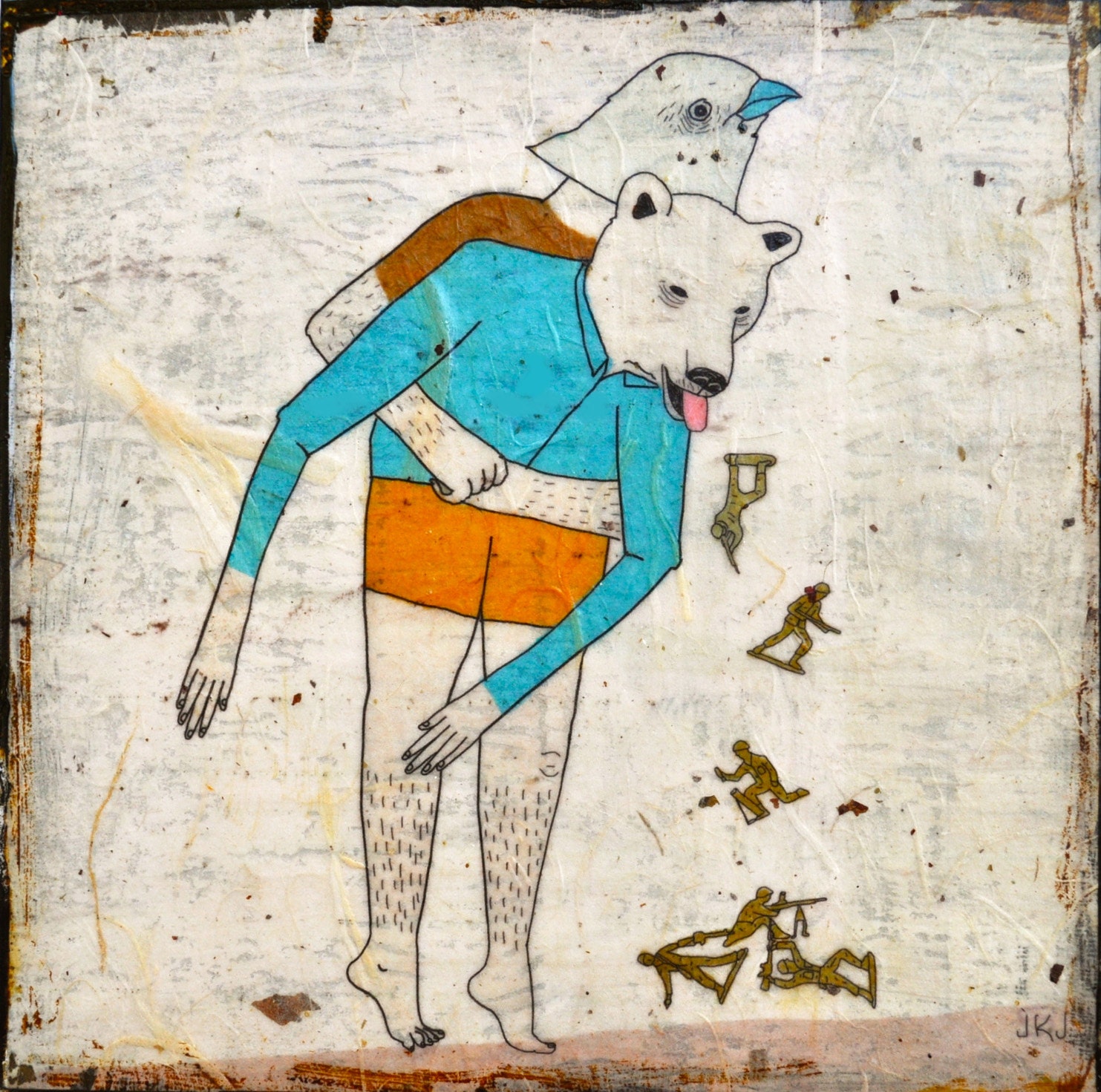 Heimlich - mixed media print on wood