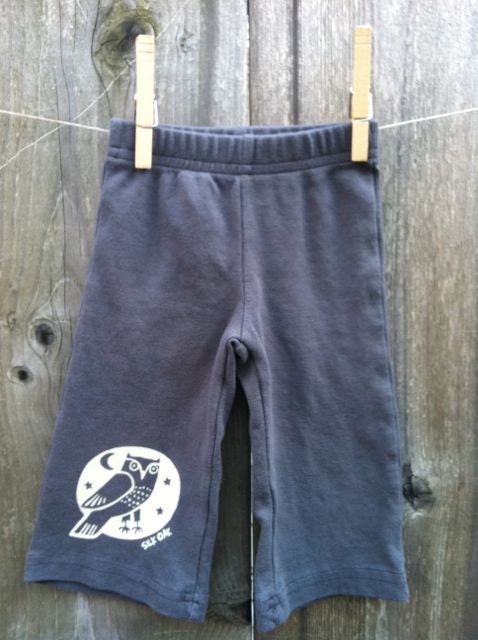 Woodland Grey Owl Hand Silkscreened Infant Pant- 3month, 6 month, 12 month and 18 month