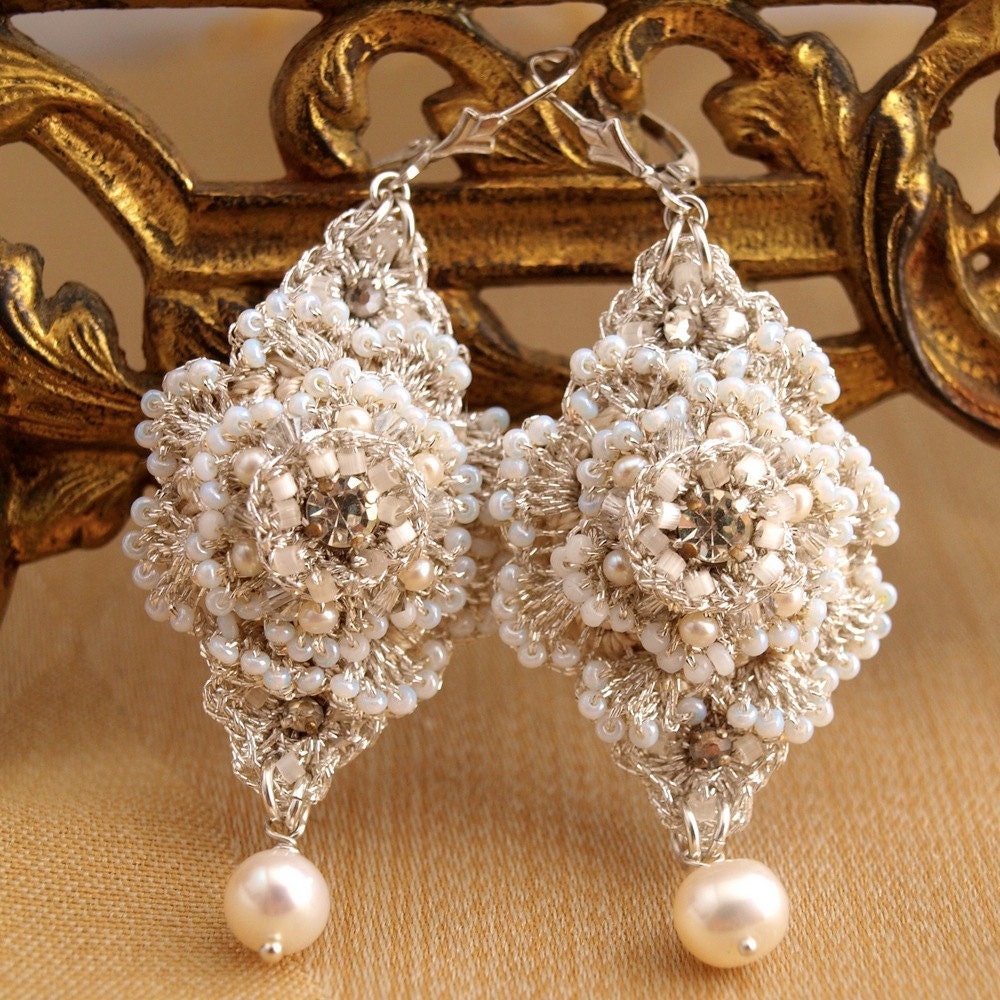 Pearl Wedding Earrings / Bridal Jewelry / Vintage Rhinestones, Taupe Silk and Silver Lace /  "Celestina"