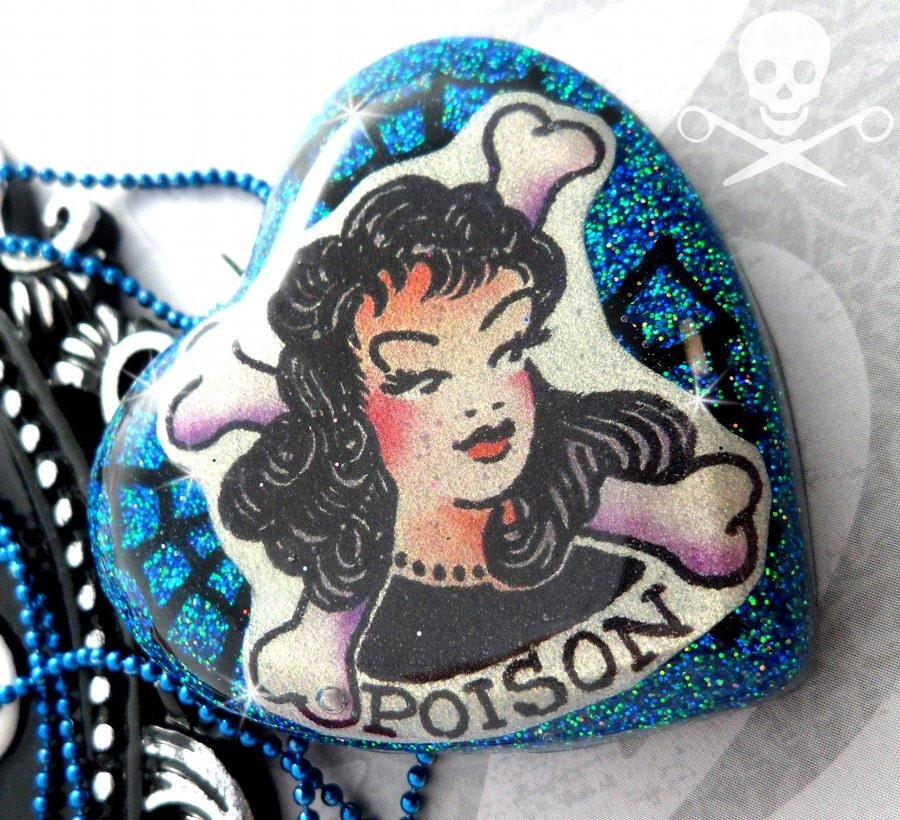 That Girl is POISON - Blue Heart Glitter Tattoo Flash Necklace