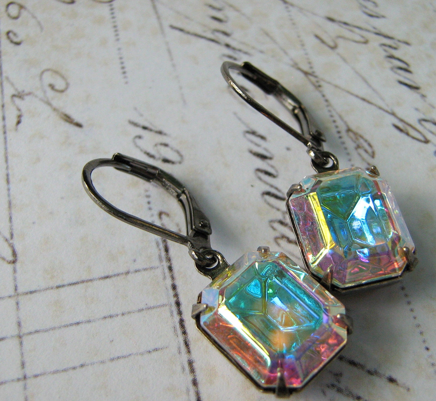 Estate Rhinestone Earrings Lever Back, Glass Rhinestone Earrings, Vintage Rhinestone Gunmetal Lever Back Earrings - Bridesmaid Earrings