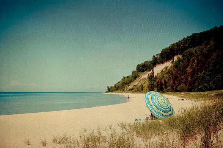 Beach photograph . Sleeping Bear Dunes . nature photography . sea shore . coastal cottage . summer print . 11x14 . Blue Beach Umbralla