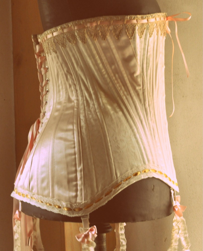 Edwardian Corset, Wedding Lingerie, Edwardian Clothing with Garters, Historical Costume, Peach
