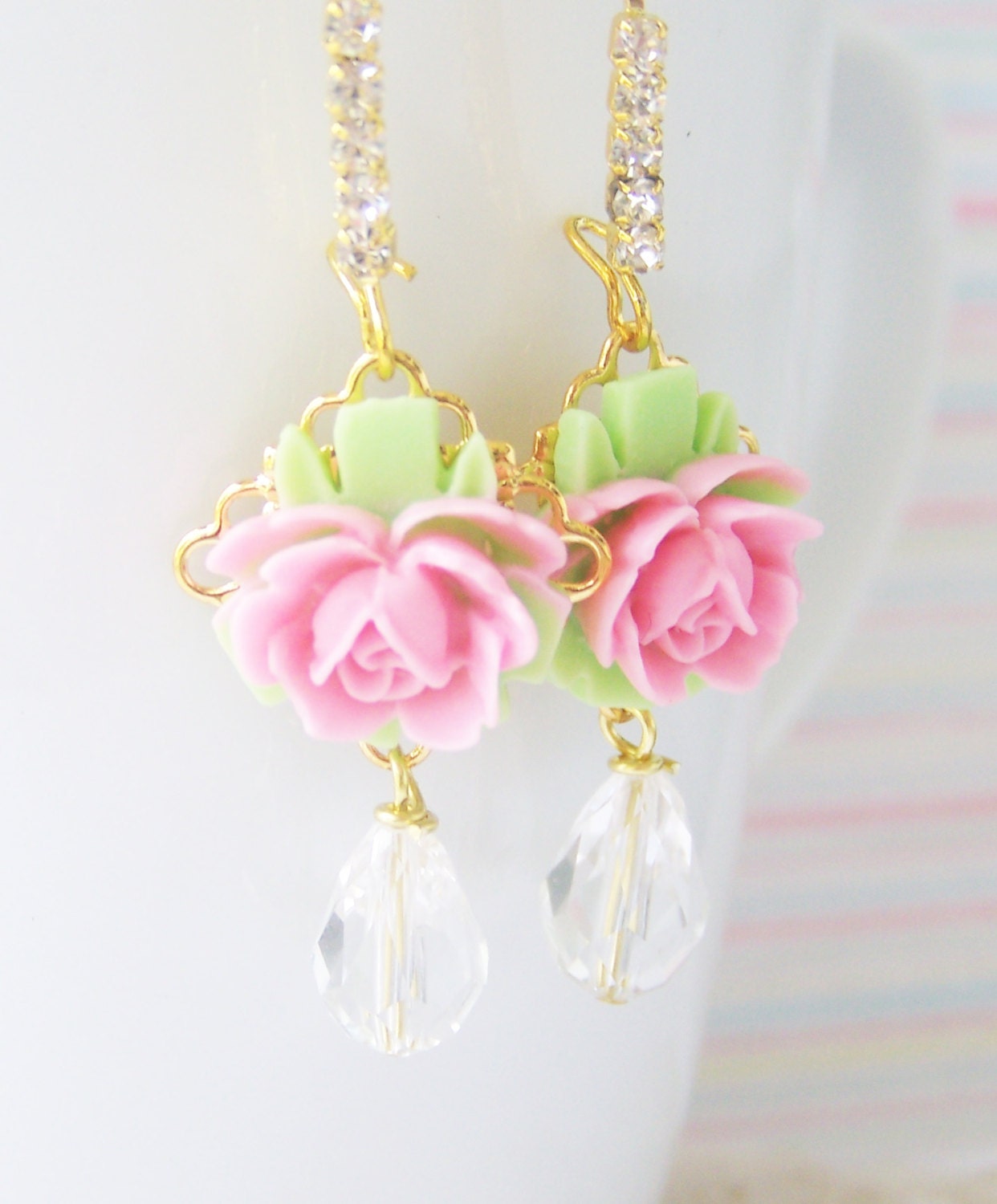 Rose Cabochon Earrings, Flower Earrings, Pink Earrings, Green Earrings, Gold Plate Earrings