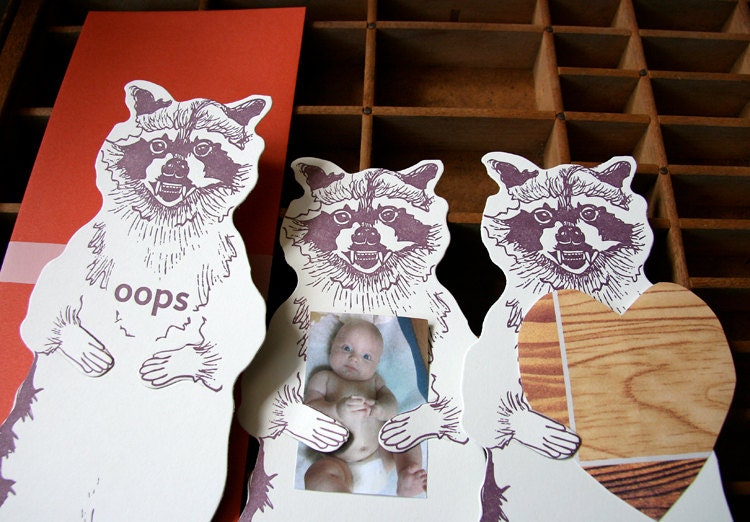 letterpress card raccoon die cut oops
