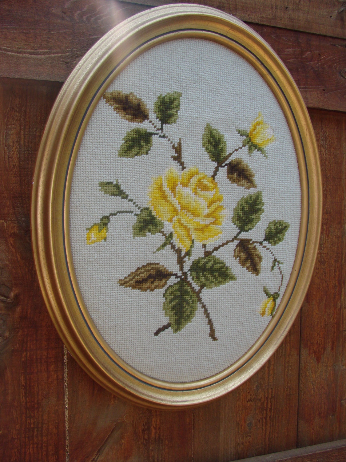 Vintage Oval Framed Needlepoint PIcture with by thecherrychic