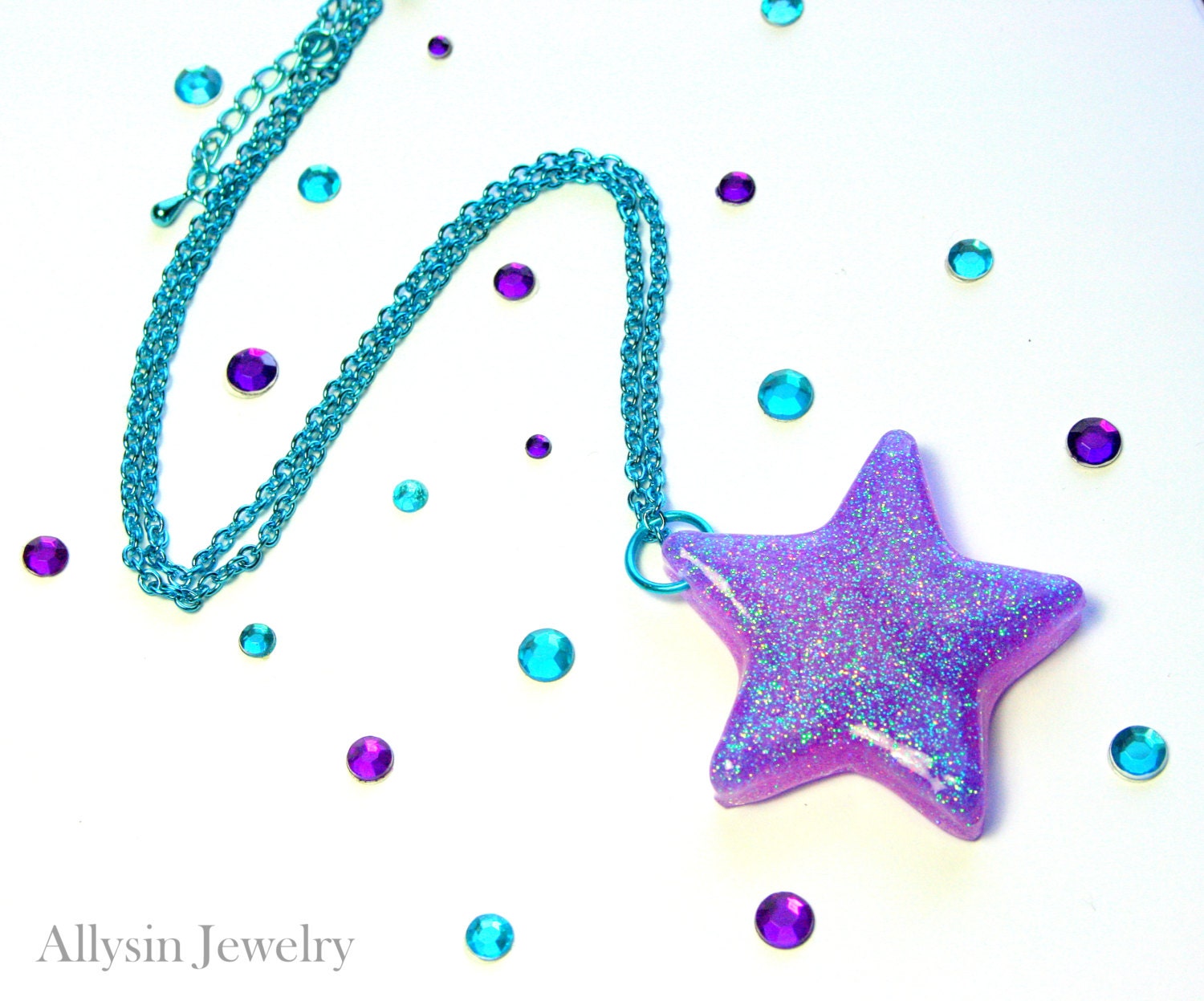 Resin Star Necklace, Purple Glitter Rave Star, Electric Blue Chain