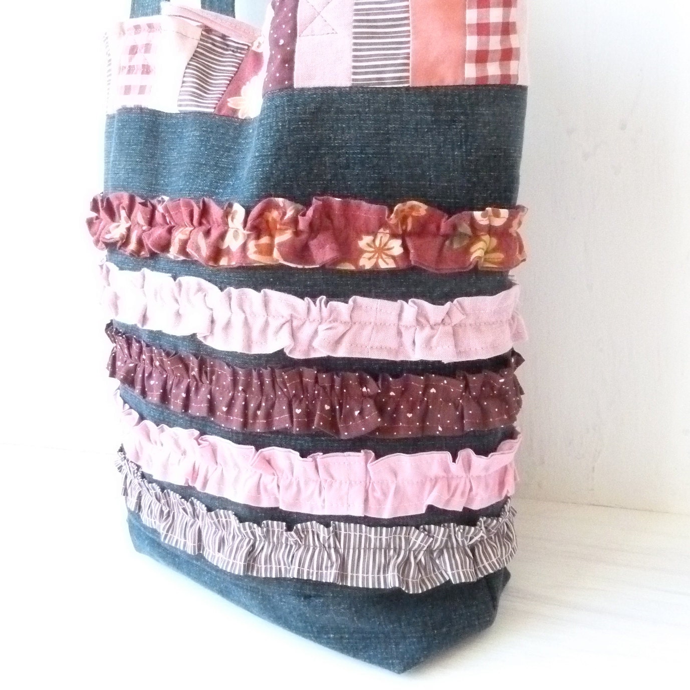 Denim Totes for College Girls - Pink College School Bags - Denim Totes Purse Ooak Shabby Chic - Ruffle Tote Bag - Vegan Recycle Grocery Sac