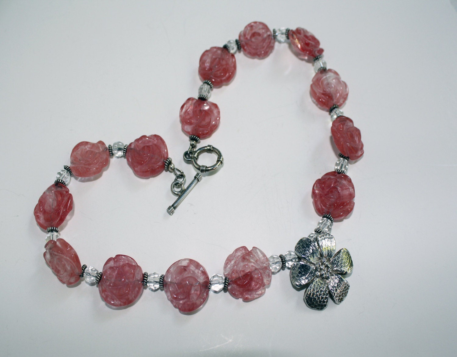 Metal clay Flower  and Rose Quartz necklace