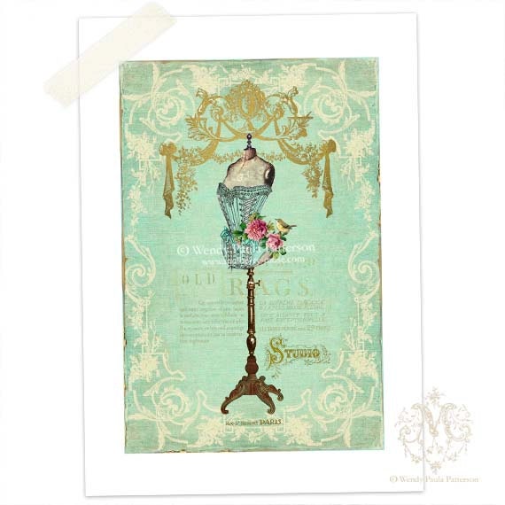 French Mannequin, Art Print, Giclee, Vintage, Corset, Pink Rose, Dress form, Shabby Chic, collage, Green