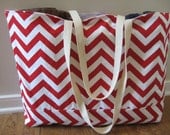 Extra Large Beach Tote, Beach Bag Chevron, Red chevron