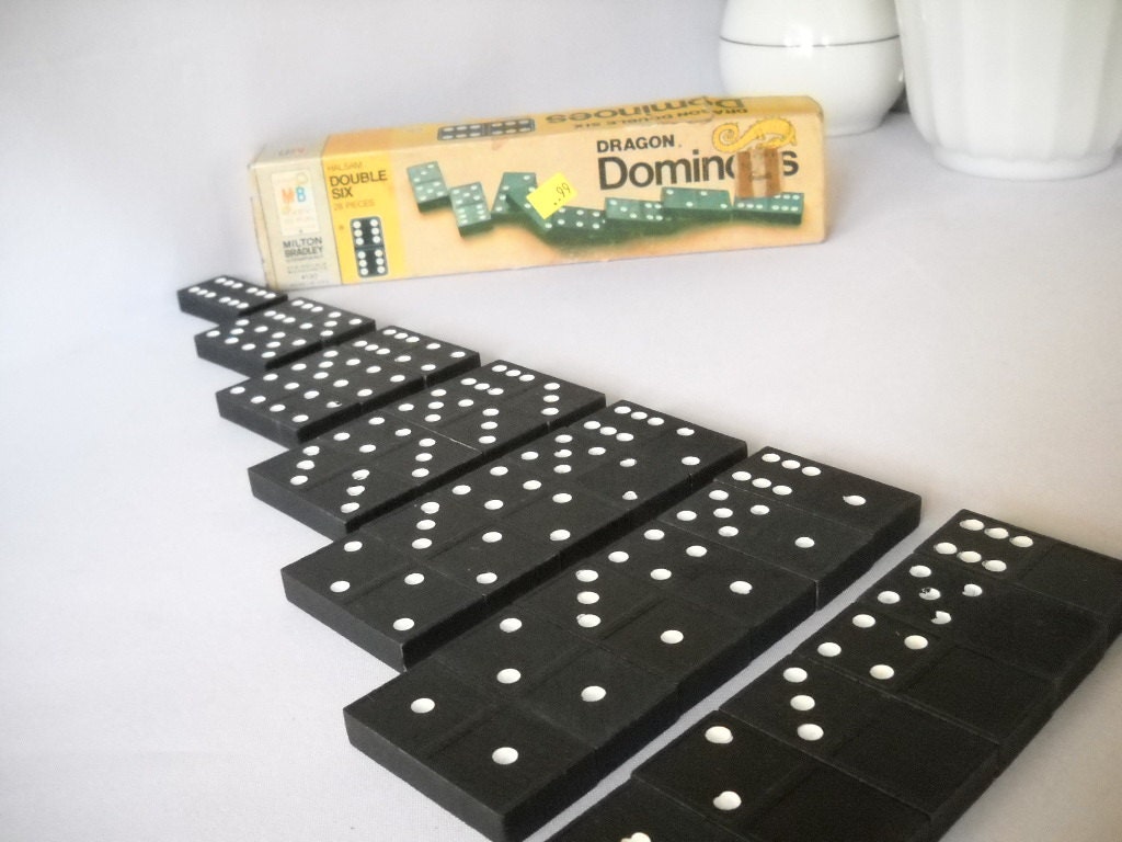 Dominoes Boxed Set of 28 Vintage Double Six Dominoes Wooden Milton Bradley Halsam Black White Dots
