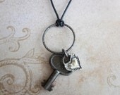 Vintage Key & Sterling Heart Charm Necklace-Leather Cord