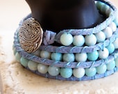 Chan Luu Style Beaded Bracelet, Triple Wrap Sea Green Faceted Agates and Opaque Aqua Blue Amazonite Bracelet, Gift for under 50
