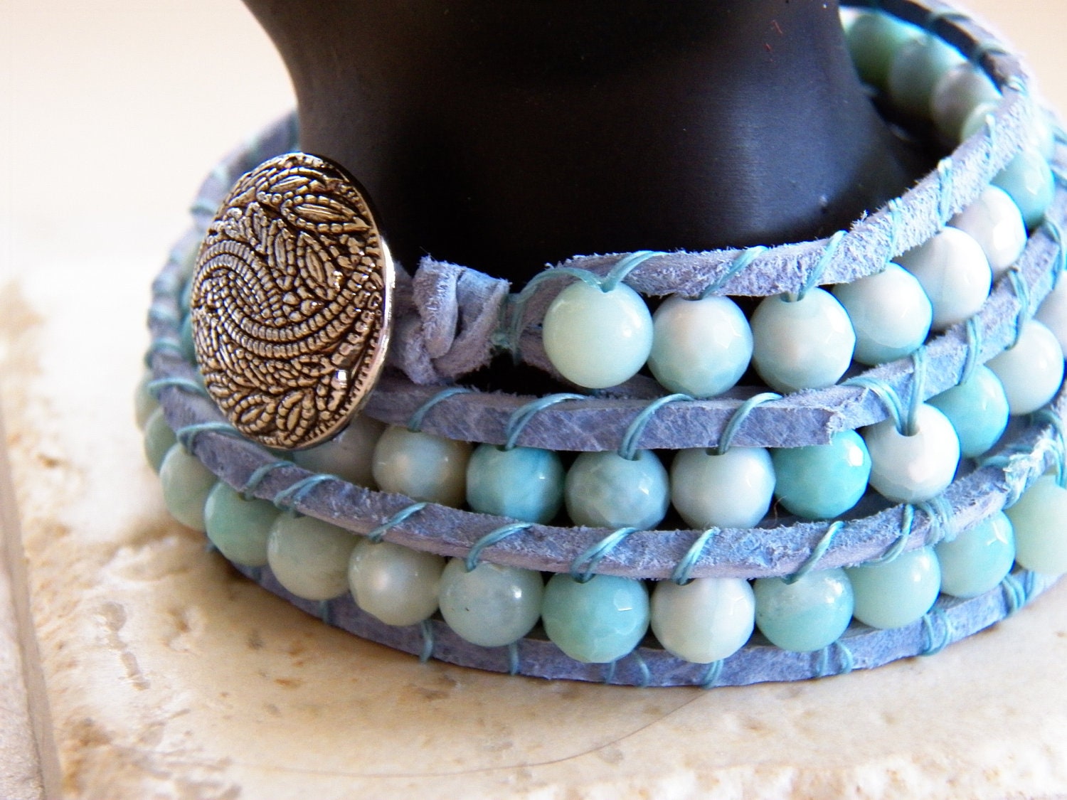 Chan Luu Style Beaded Bracelet, Triple Wrap Sea Green Faceted Agates and Opaque Aqua Blue Amazonite Bracelet, Gift for under 50