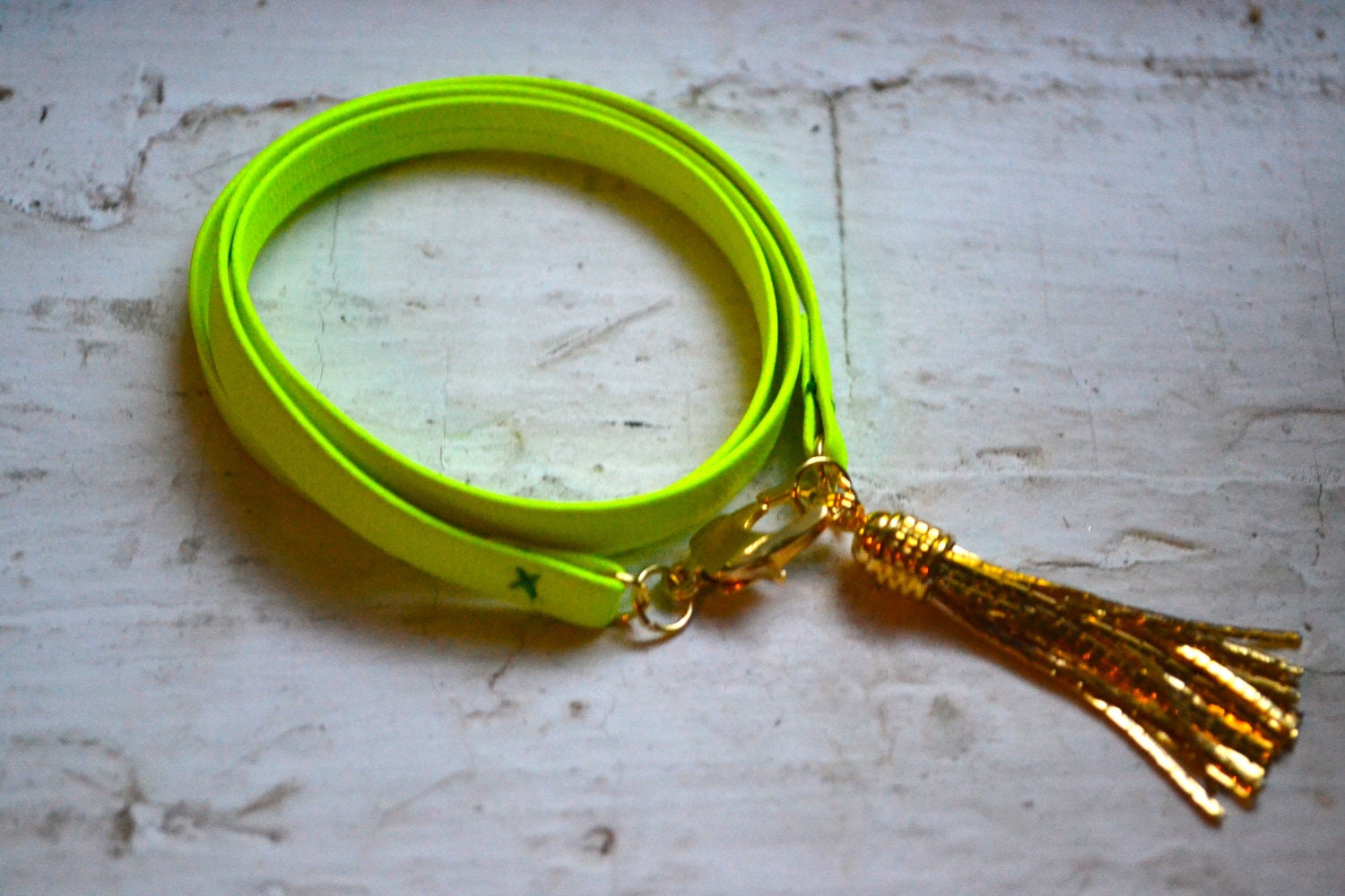 neon yellow green genuine leather & gold triple wrap bracelet with tassel