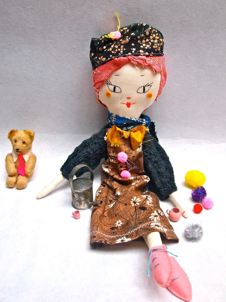 Cyber Monday etsy sale Rag doll cloth art doll cream linen embroidered face Molly Dolly, Little Min