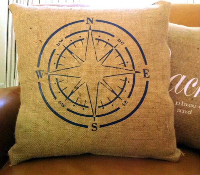 Navy Compass  Burlap 18x18 Decorative Pillow Cover, Throw Pillow ,Toss Pillow, Accent Pillow
