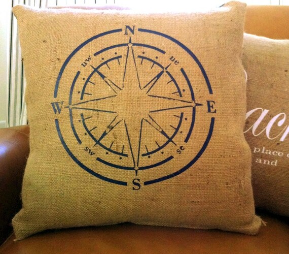 Navy Compass  Burlap 18x18 Decorative Pillow Cover, Throw Pillow ,Toss Pillow, Accent Pillow
