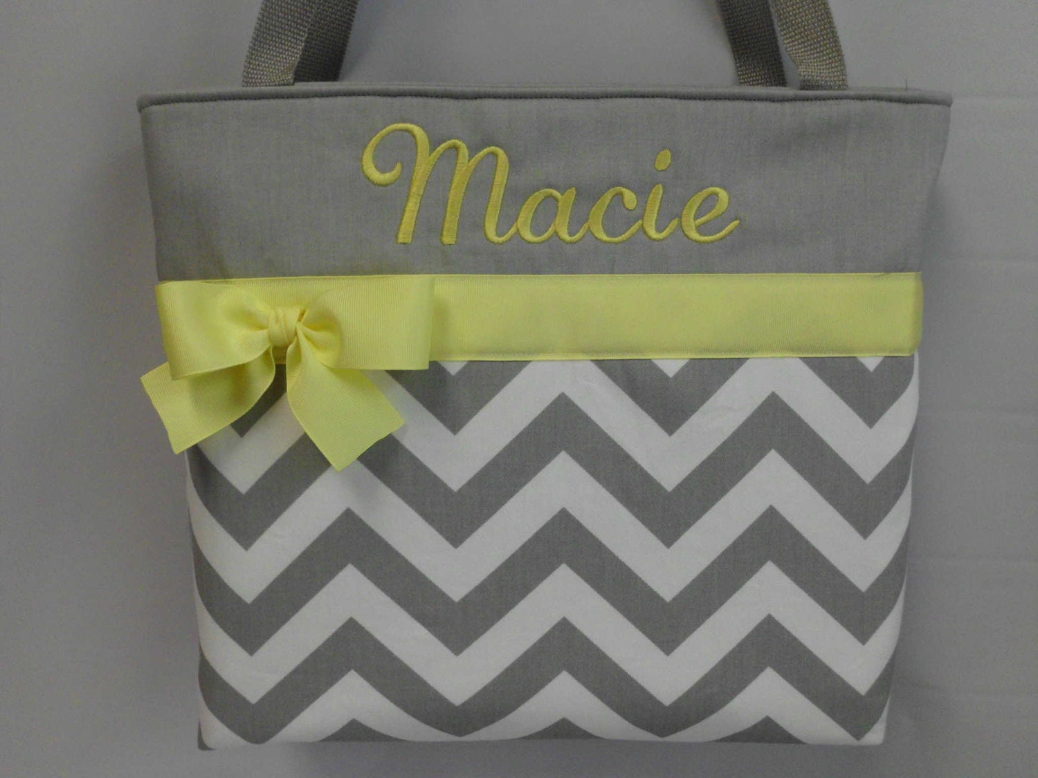 NEW ....CHEVRON  in Gray .. ..Baby YELLOW  Accents   ... Monogrammed  FReE
