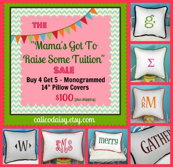 SALE - Buy 4 Get 5 - 14" Square or 12" x 16" Lumbar Monogrammed Piped Pillow Covers