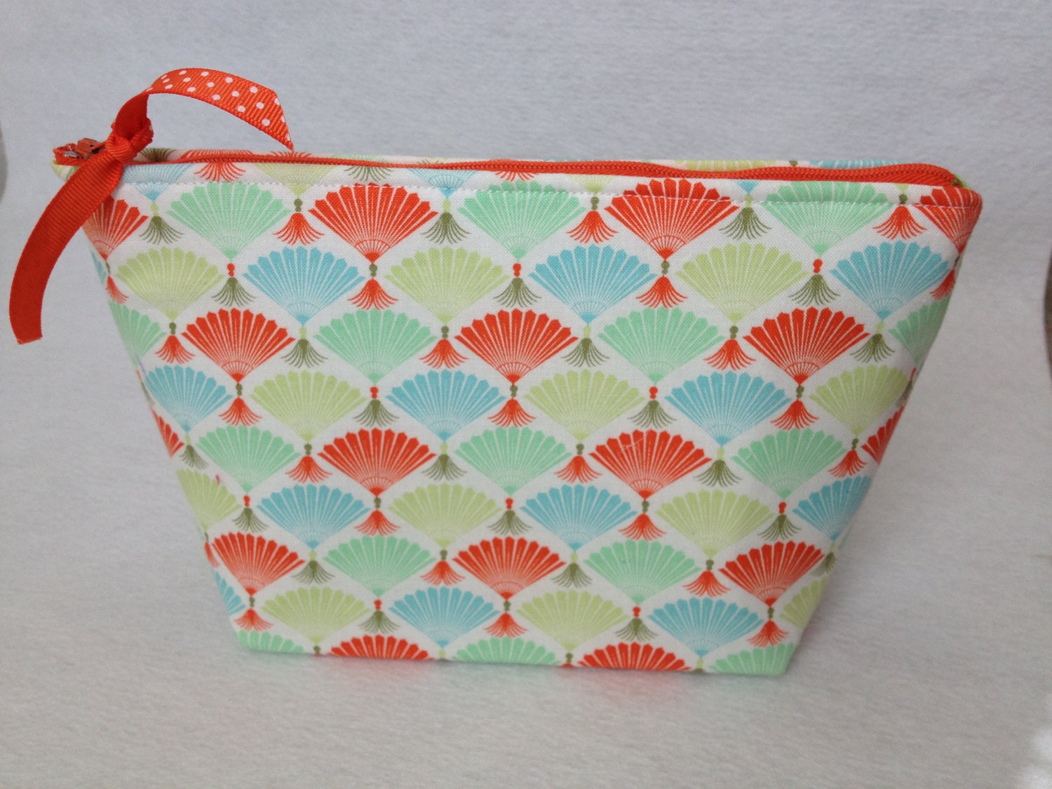 Bridesmaid thank you gift - Cosmetic Bag, Make Up zippered pouch, orange, aqua and lime fans