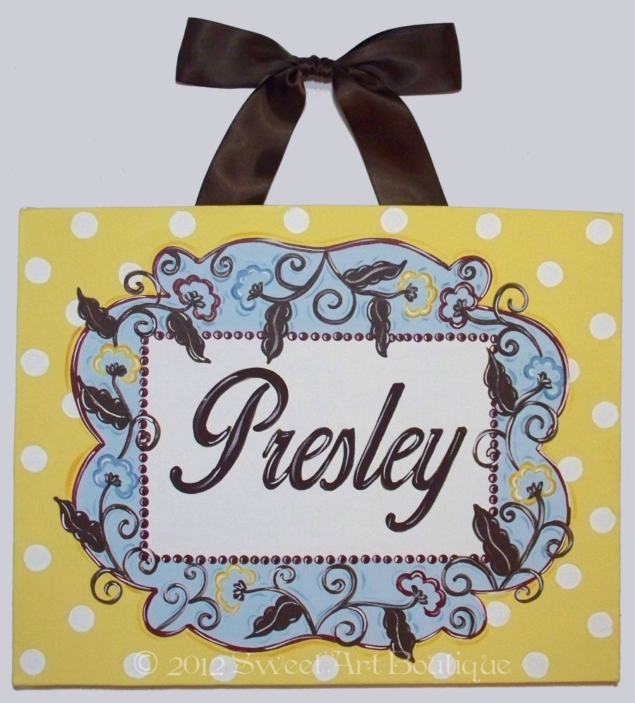 Yellow Blue Brown Polka Dots Flowers floral vine red Custom canvas letter name sign wall art baby nursery