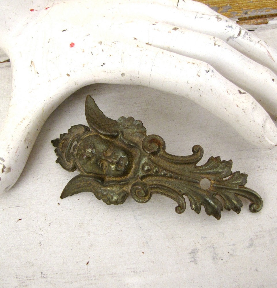 Antique Angel Victorian decorative Brass Bronze Escutcheon Authentic antique hardware for altered vintage jewelry