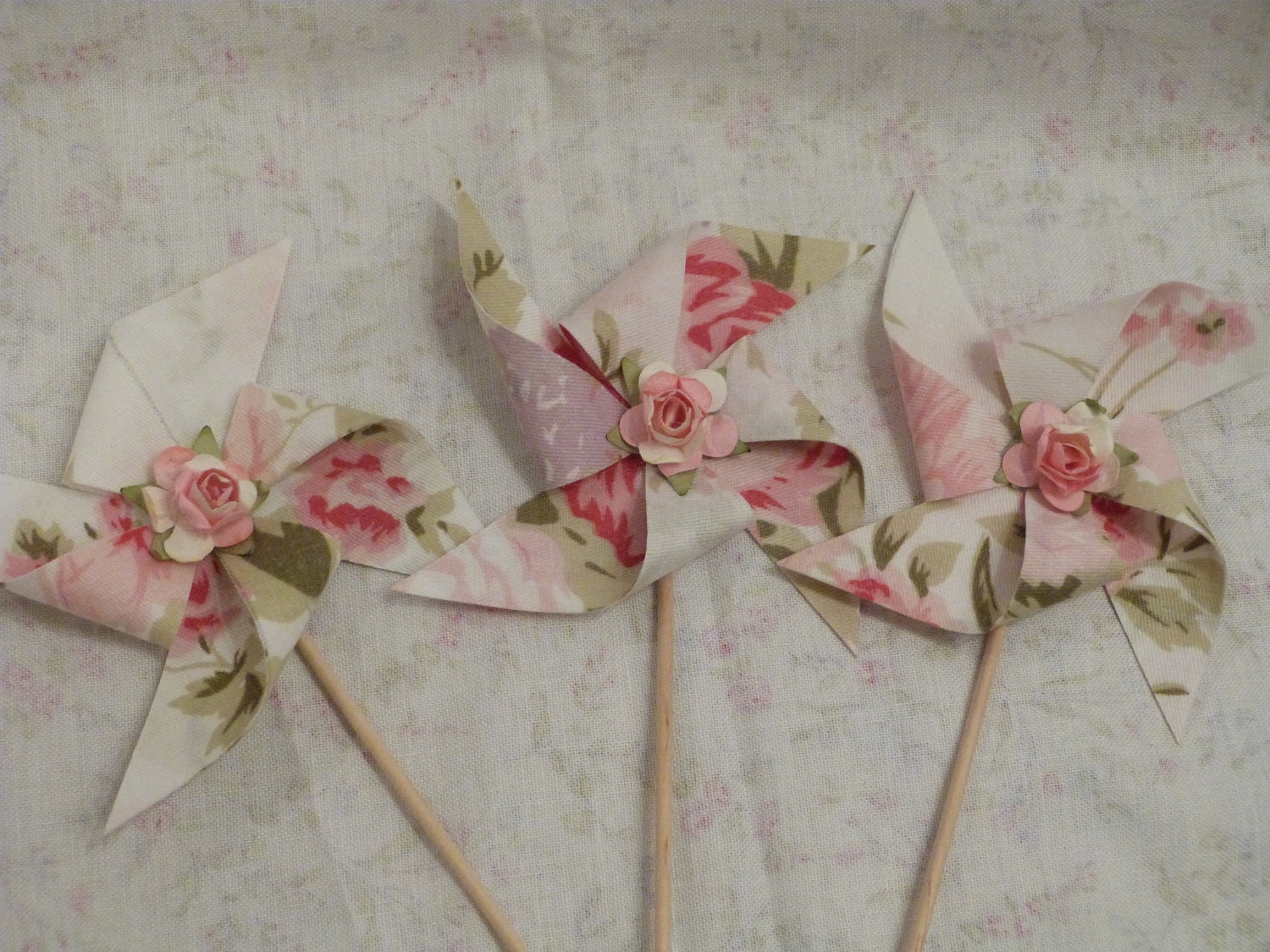 Pinwheel Cupcake Flags - Shabby Ashwell Pink Chic  - 12 Fabric  Cake Toppers, use for a Baby Shower, Birthday, Celebration,  or a party