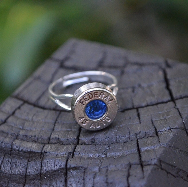 Bullet Shell Ring Handcrafted by me...... Silver Federal .45 Auto ring with Swarovski September birthstones