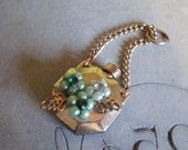 Perfume Bottle Charm . Pretty Upcycled Vintage Pendant with Aqua Rhinestone Flowers