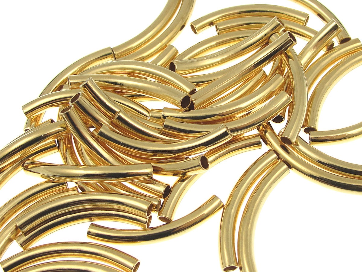 48 Noodle Beads 26mm x 3.2mm Gold Plated Curved Tube Beads Gold Tube Beads Gold Noodles (T4)