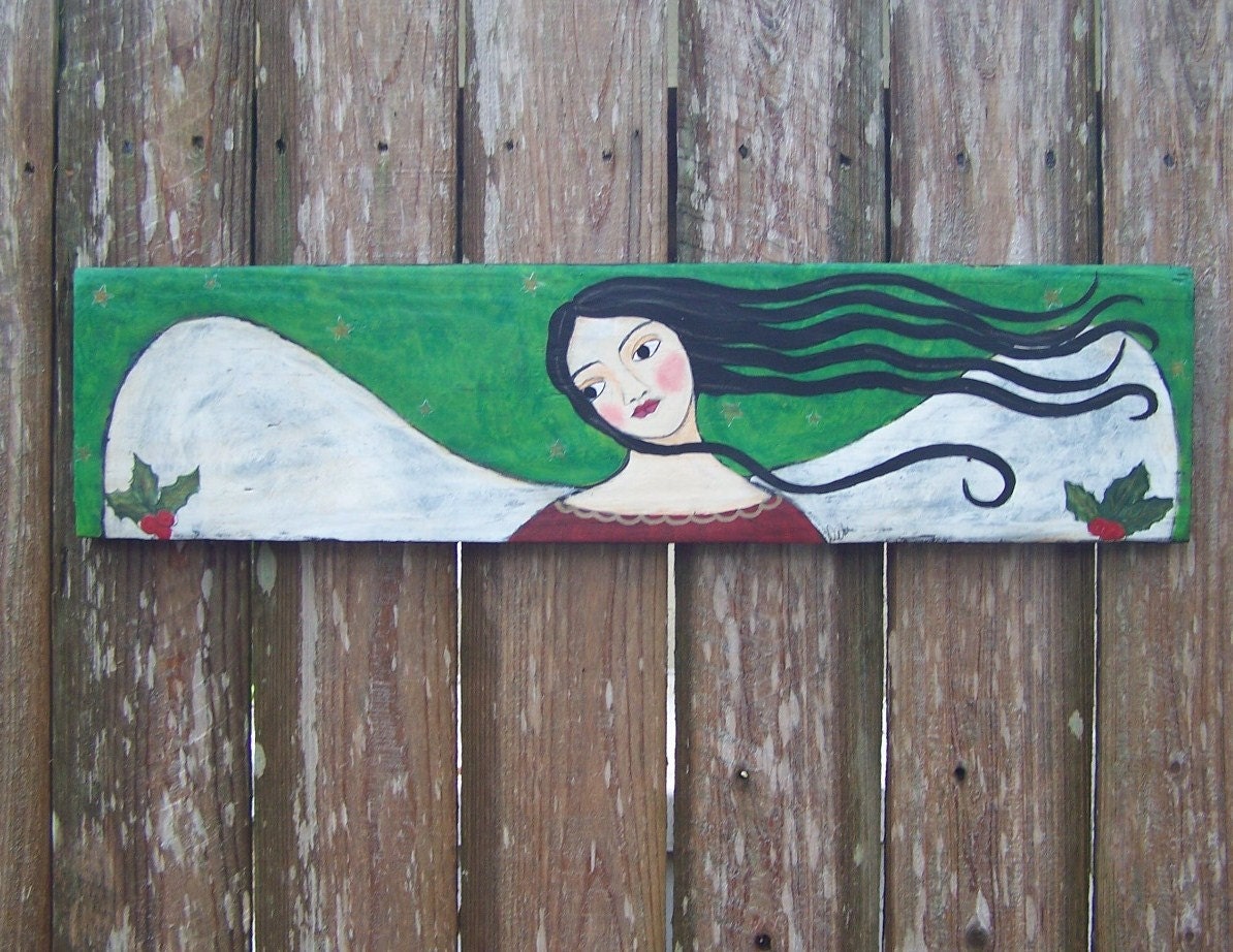 Folk Art Angel Christmas Painting Original 22 1/4" x 5 1/2" Salvaged Wood FREE SHIPPING