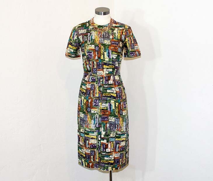 1950s dress / Mosaic Tiles 50's Abstract Print Wiggle Dress
