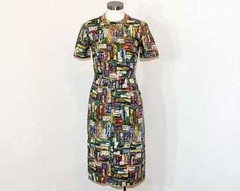 1950s dress / Mosaic Tiles 50's Abstract Print Wiggle Dress