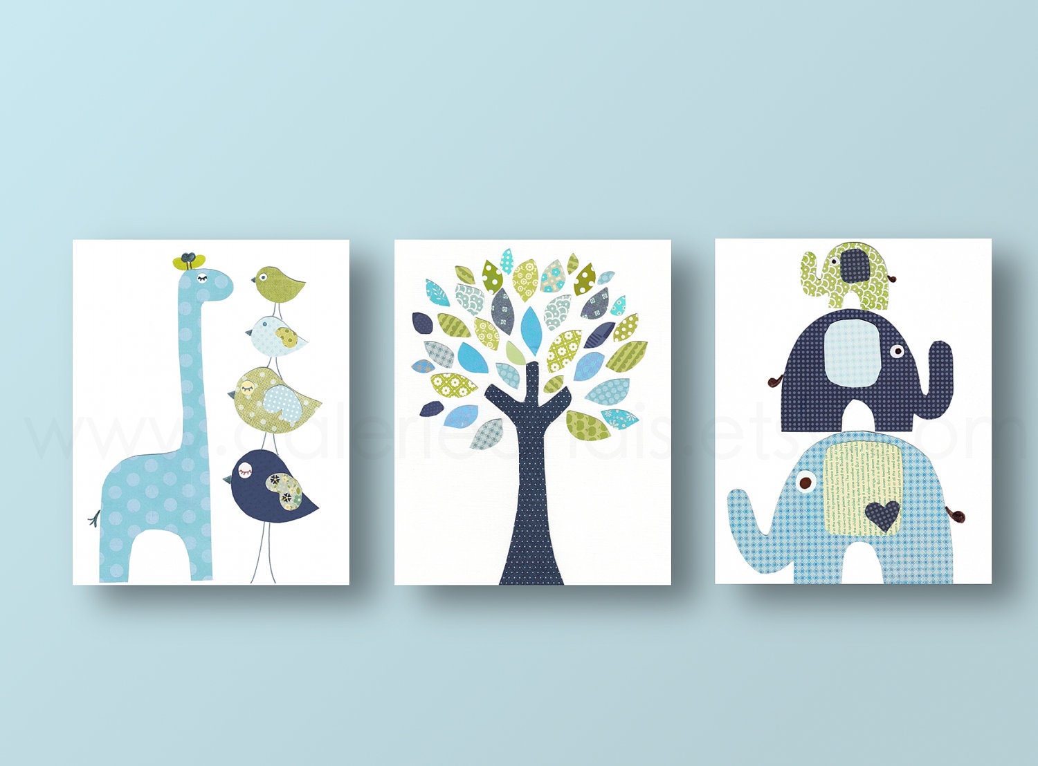 Nursery art prints, baby nursery decor, nursery art, Bird, elephant, tree, giraffe, blue green, navy, Set of 3, 8x10 prints from Paris