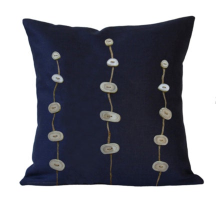Deer Antler Button Pillow Navy Blue Canvas Jute Twine Vine Woodland Decor Original (16 x 16) by JillianReneDecor Unique Gift Masculine