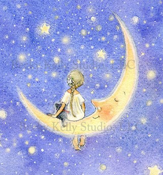 Fairy in a Periwinkle Blue Sky Print, Fairy Art, Fairy on the Moon Print, Large vibrant 8 X 10