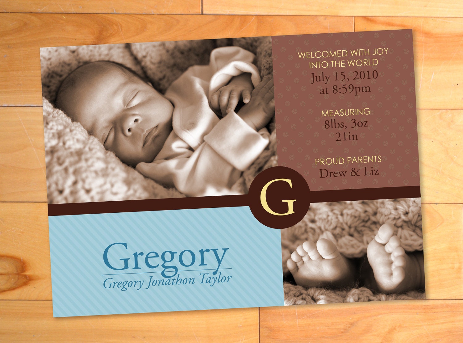 Modern Custom Photo Card, Birth Announcement, Baby Boy Annoucnement, Initial, Monogram, Swatches Custom Baby Announcement Photo Card