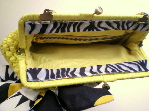 15% COUPON SALE, Vintage, altered couture, framed straw purse, clutch, purse, yellow, chain handle, fabric flower, black and white,