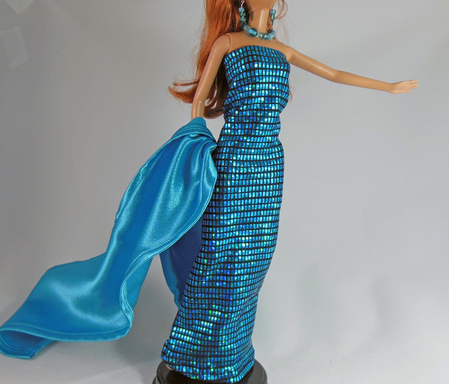 Handmade OOAK Barbie Doll Evening Dress with Shall, Belt, Necklace, and Earrings